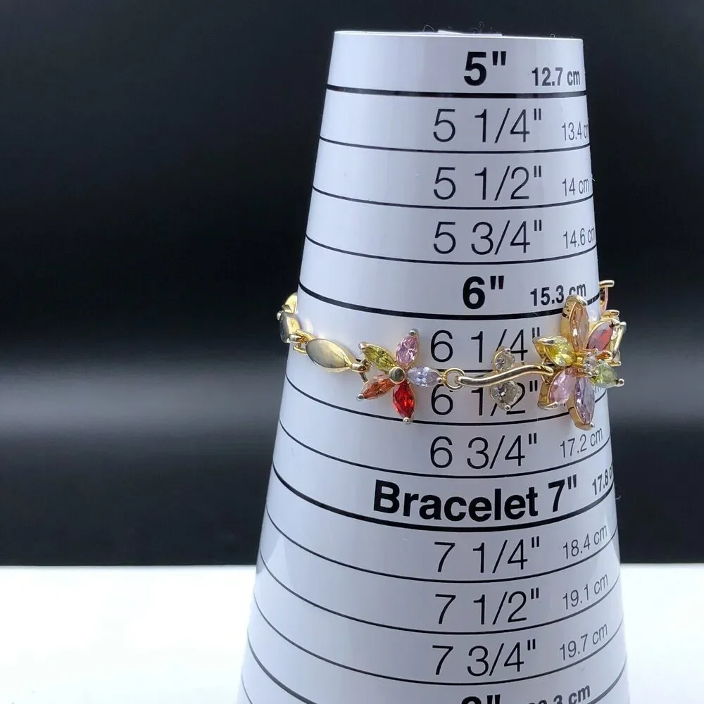 Multi Color Crystal Bracelet 6.5 inch Rhinestone Flower Link Leaf Vine Gold Tone - Picture 10 of 10